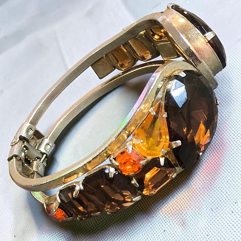 Vintage Amber Cognac Rhinestone Clamper Bracelet Silver Tone Statement MCM